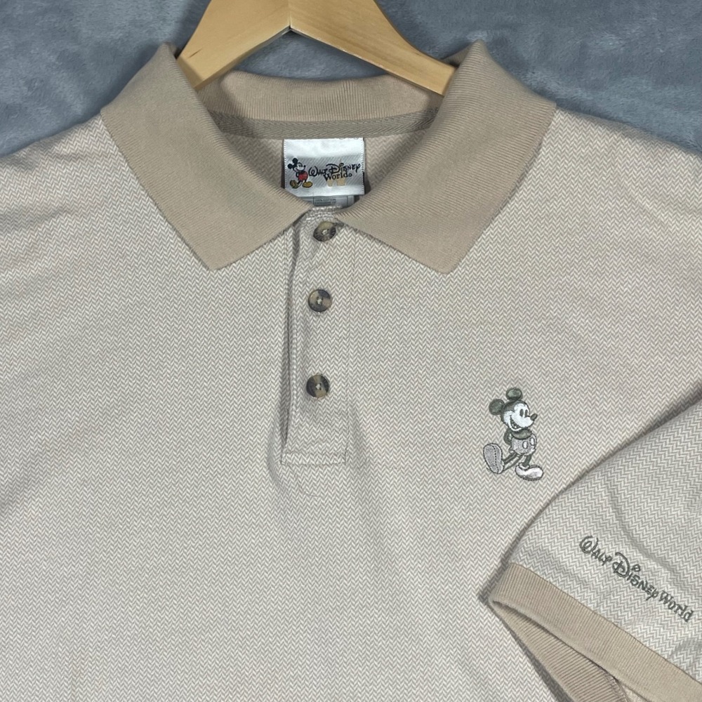 Walt Disney World Mens XL Polo Shirt Beige Herringbone Mickey Mouse Vintage